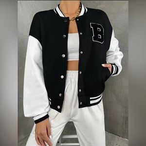 SHEIN Letter Patched Striped Trim Drop Shoulder Varsity Jacket, Size L